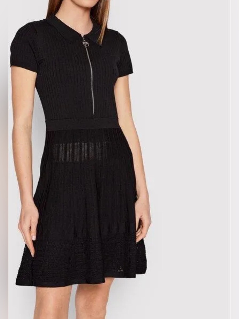 Pinko Black Short-Sleeve Knit Zip-Front Mini Dress